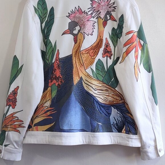 Chico's Tropical Embellished White Denim Jacket Floral Artsy 16/18 Chico 3 - Picture 9 of 12